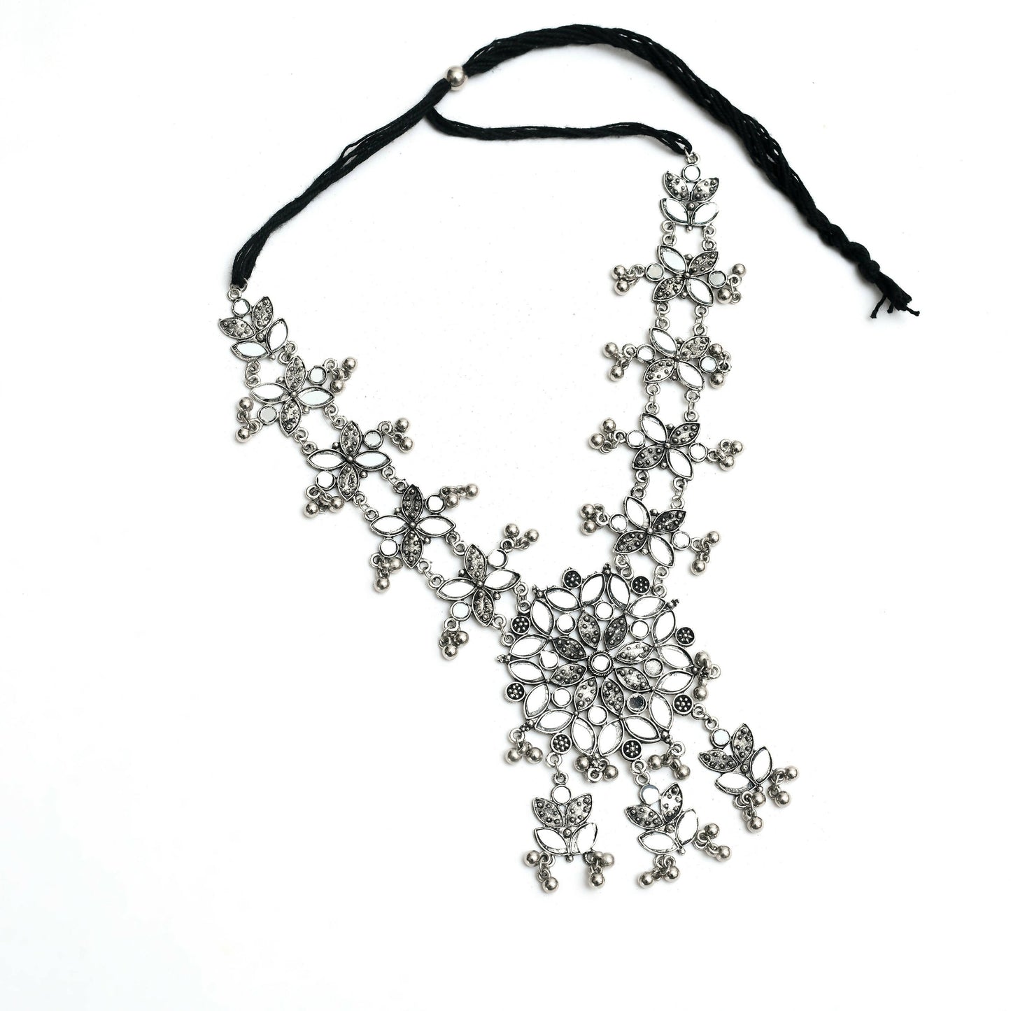 Mominos Fashion Johar Kamal Oxidised Silver-Plated Mirror Work Long Necklace Set