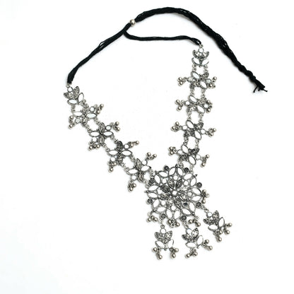 Mominos Fashion Johar Kamal Oxidised Silver-Plated Mirror Work Long Necklace Set