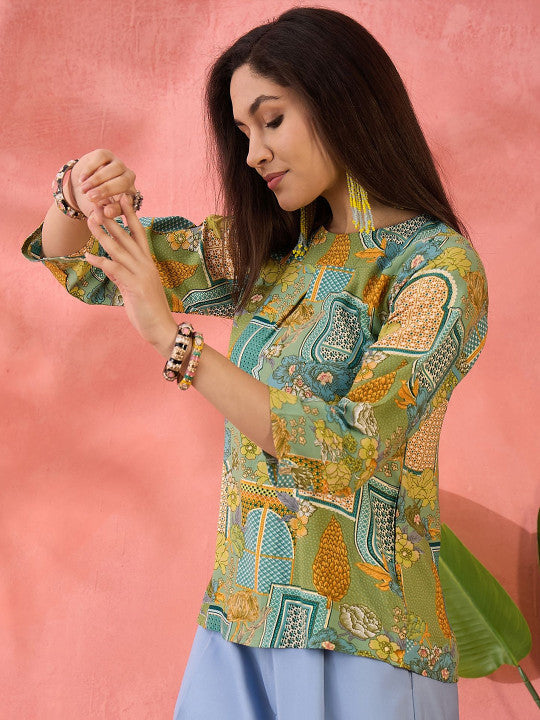 Sangria Printed Round Neck Top