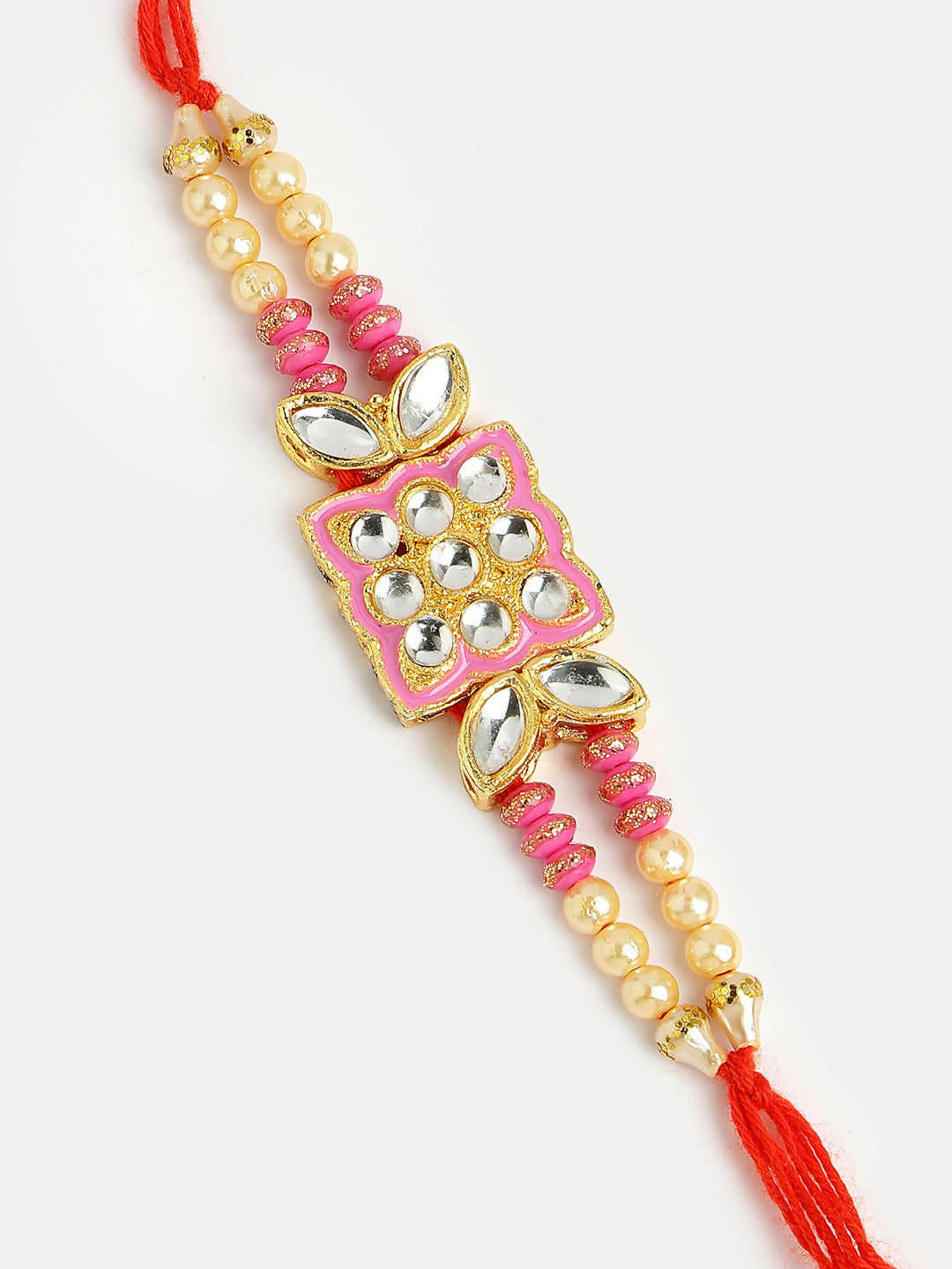 NVR Men Pink & Gold-Toned Kundan-Studded Rakhi With Roli Chawal