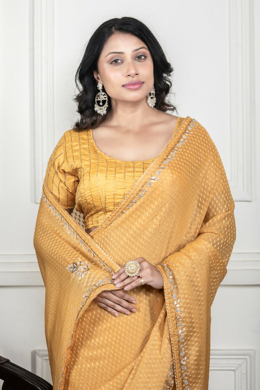 Morchari Yellow Pure Chiffon Hand Embroidery Saree And Stitched Blouse
