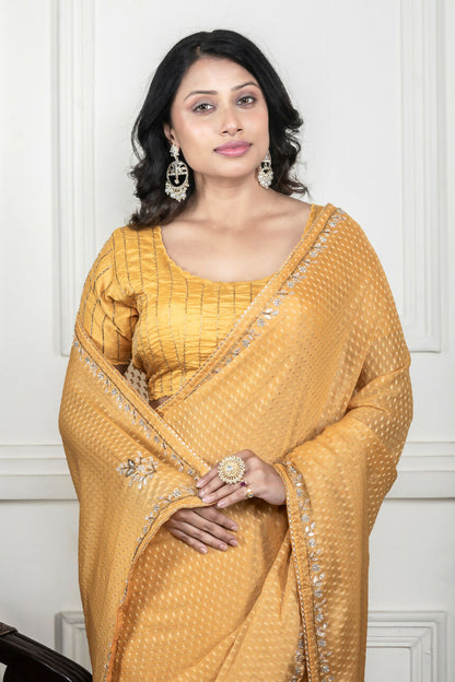 Morchari Yellow Pure Chiffon Hand Embroidery Saree And Stitched Blouse