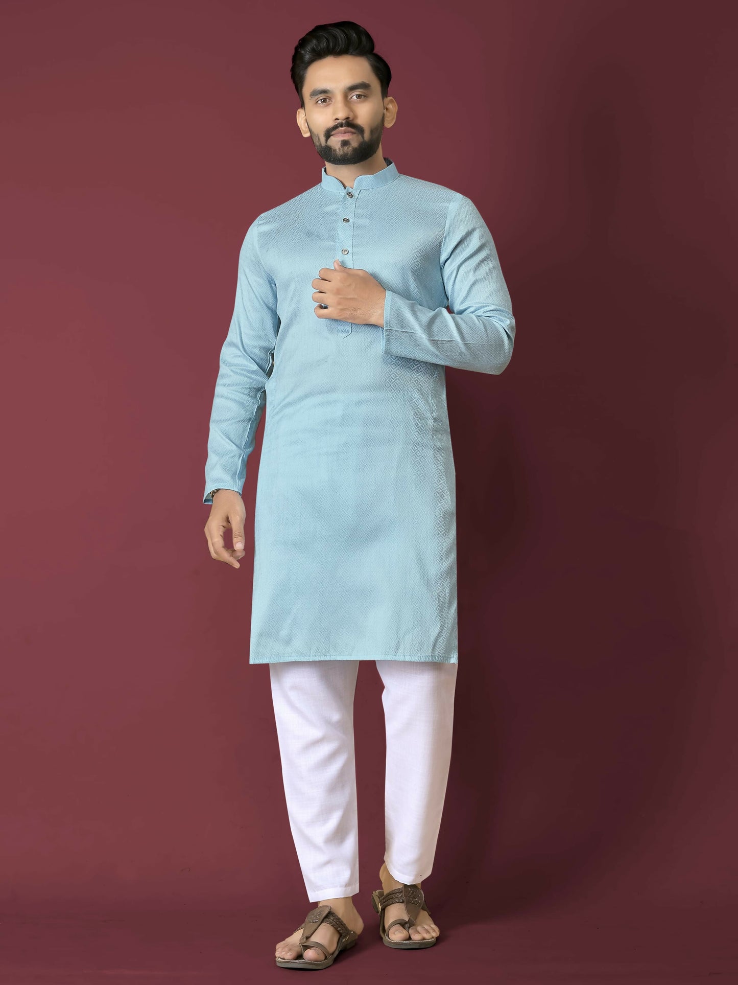 Anaita Sky Blue Solid Soft Jacquard Silk Straight Kurta