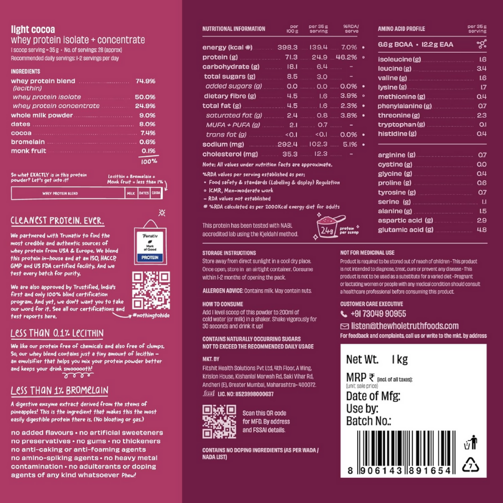 The Whole Truth Whey Protein Isolate+Concentrate - Light Cocoa