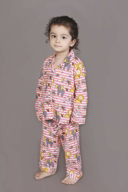 Breathables Kids Cotton Night Suit – Red & White Jungle Stripe Shirt & Pyjama Co-Ord Set For Boys & Girls