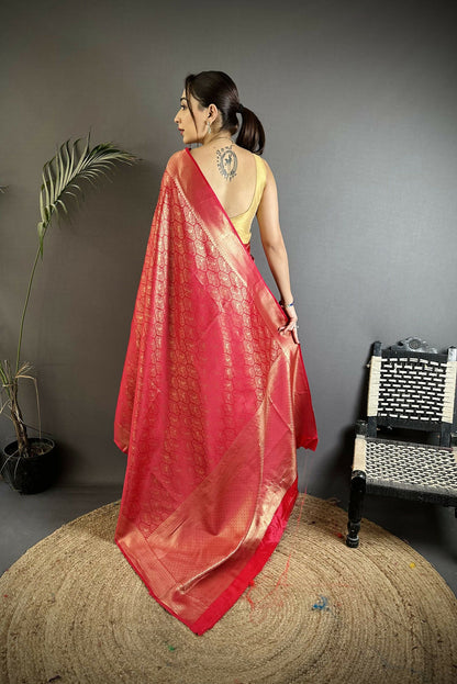 Joban Fashion Red Paisley & Floral Soft Satin Silk Banarasi Silk Saree