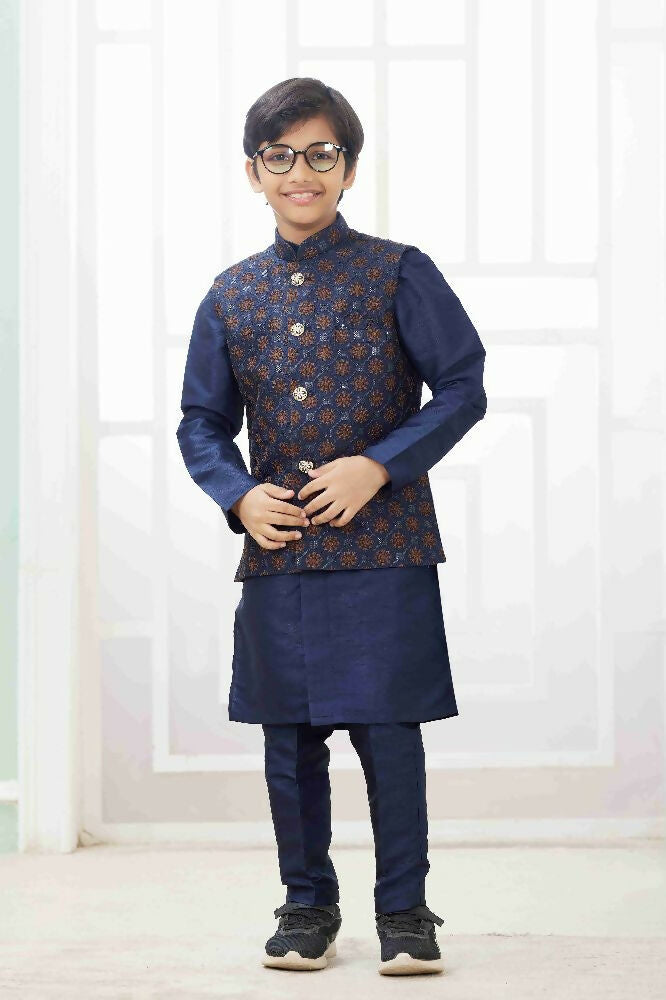 Raivat Ethnic Art Silk Embroidery Work 3 Pics Jacket Set In Navy Blue Colour
