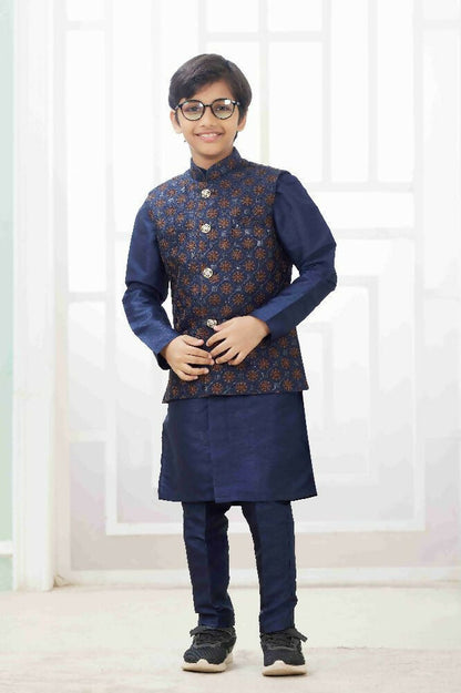 Raivat Ethnic Art Silk Embroidery Work 3 Pics Jacket Set In Navy Blue Colour