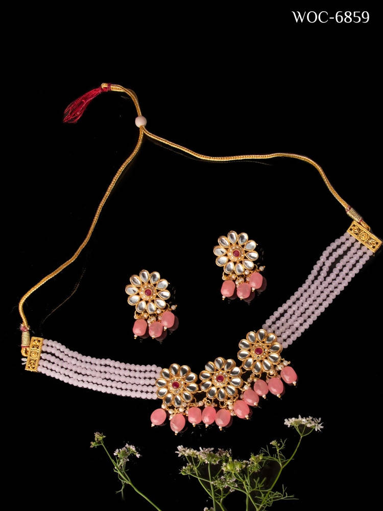 Mominos Fashion Johar Kamal Women's Pink Beads Pearls Gold-Polished Jewellery Set