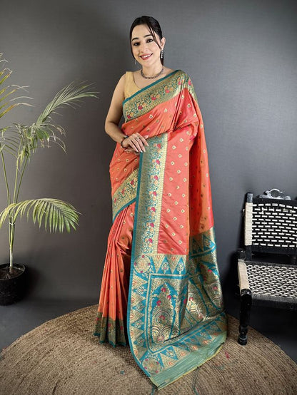 Elora Coral Pink Soft Silk Intricate Motifs Zari Weaving Banarasi Saree With Contrast Weaving Border