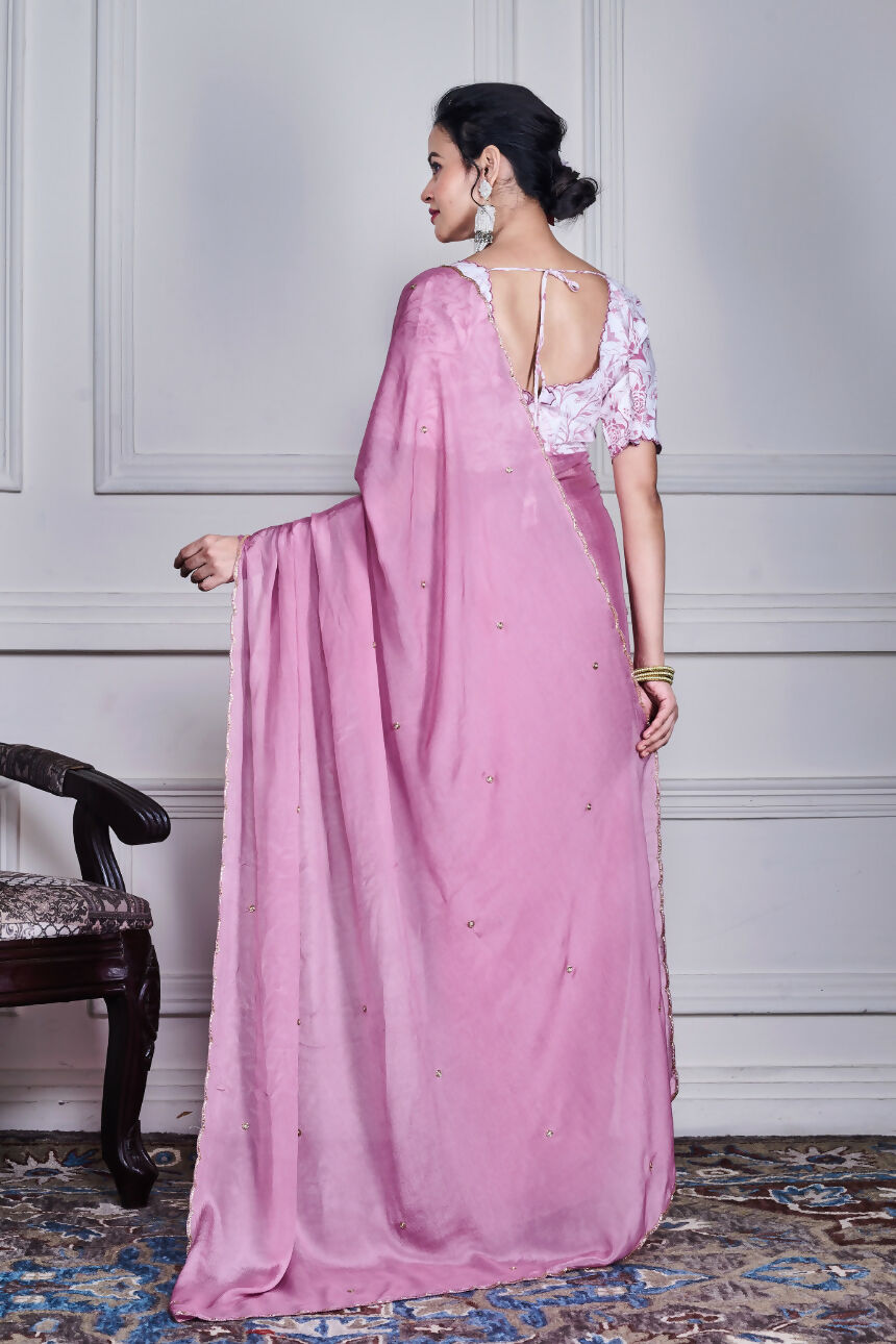 Morchari Purple Chiffon Hand Embroidery Saree And Stitched Blouse