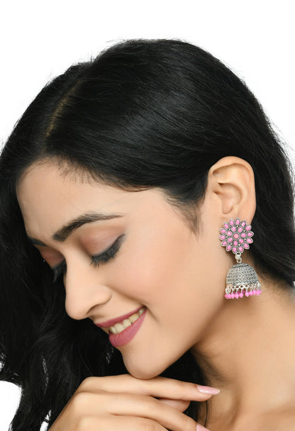 Mominos Fashion Joharkamal Kundan work Jhumka with Baby Pink Beads