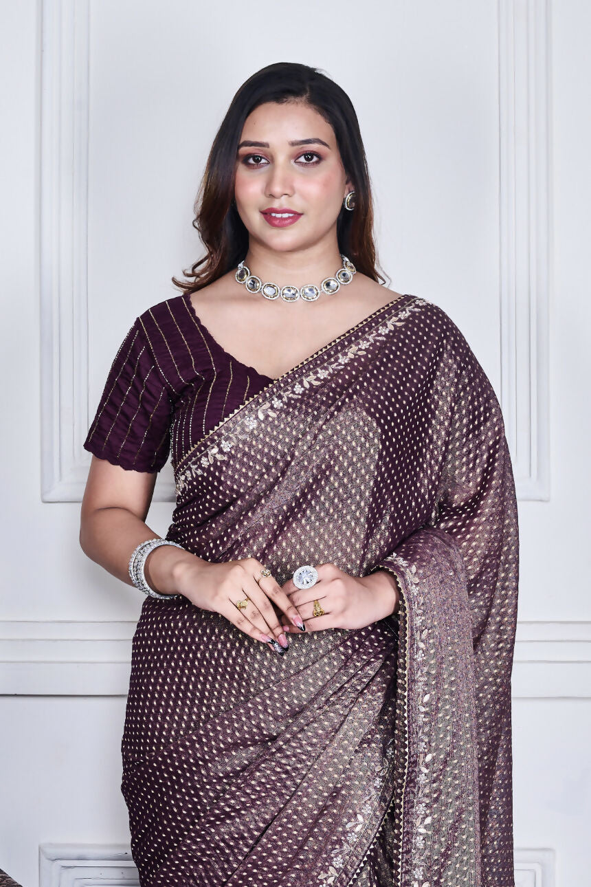 Morchari Purple Pure Chiffon Hand Embroidery Saree And Stitched Blouse