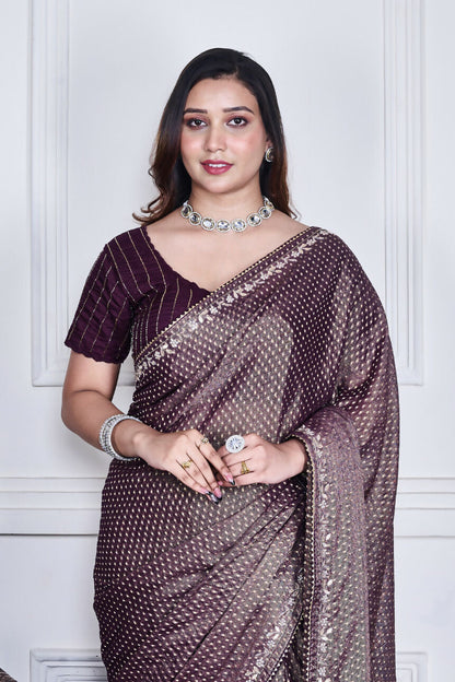 Morchari Purple Pure Chiffon Hand Embroidery Saree And Stitched Blouse