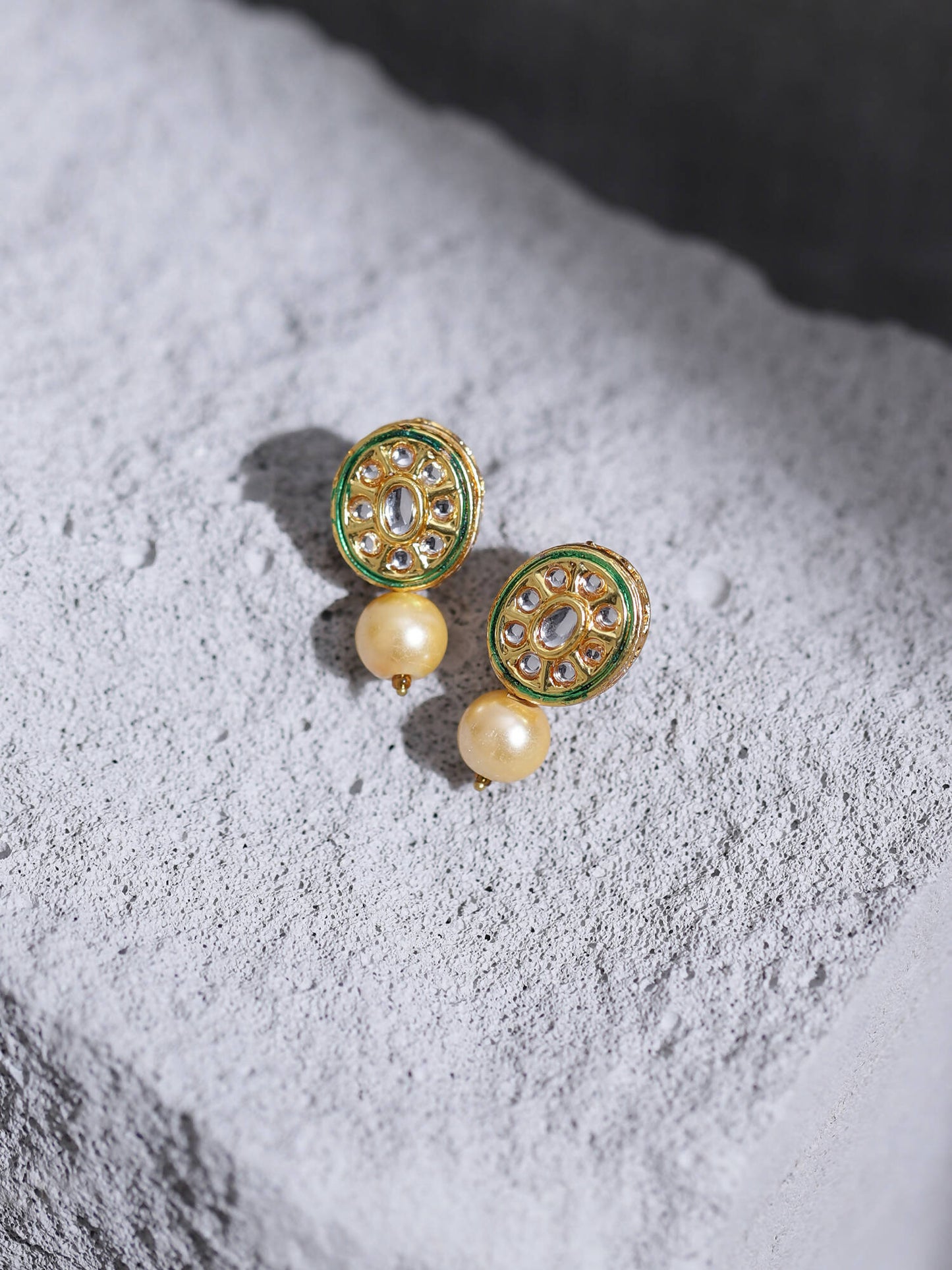 Gold-Toned White Kundan Oval-Shape Gold-Polished Studs Earrings - Ruby Raang