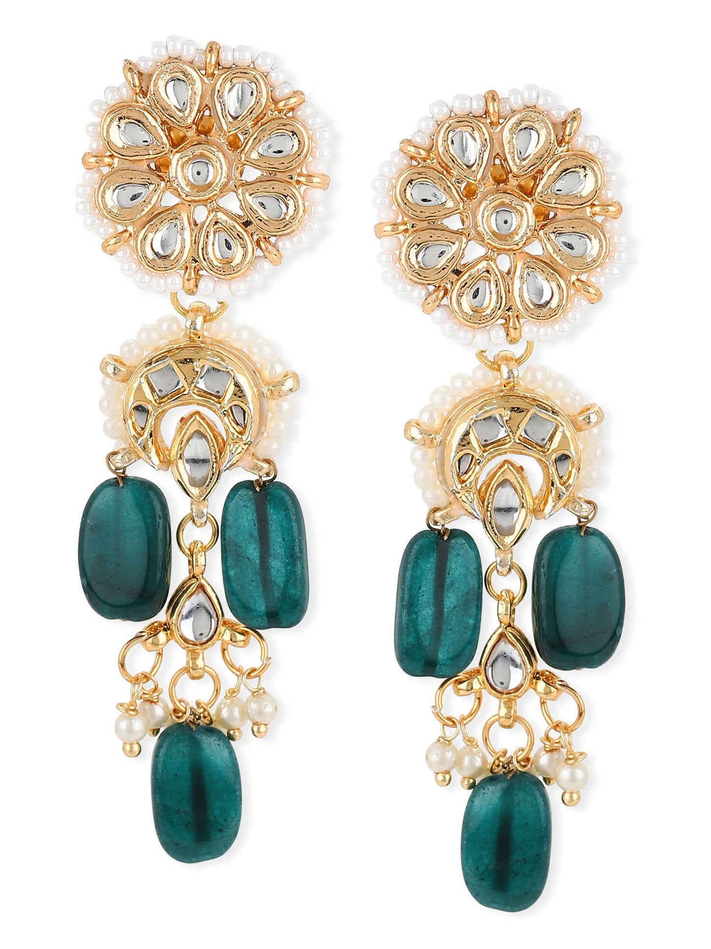 Gold-Toned White Kundan Contemporary Gold-Polished Drop Earrings - Ruby Raang