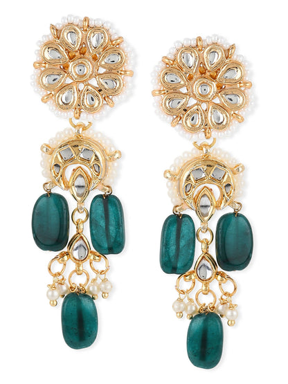Gold-Toned White Kundan Contemporary Gold-Polished Drop Earrings - Ruby Raang
