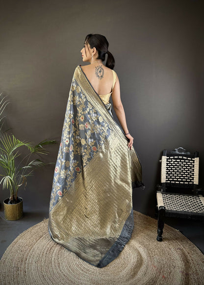Joban Fashion Grey Floral & Ethnic Motifs Design Soft Silk Meenakari Banarasi Saree