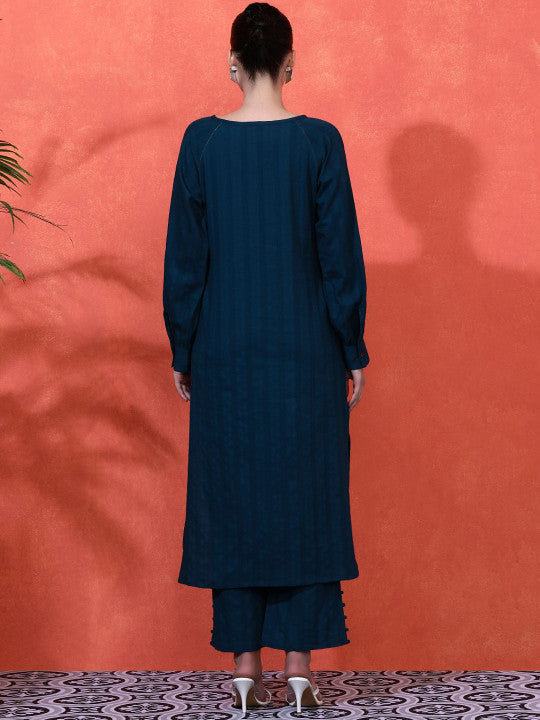 Sangria Striped Self Design Pure Cotton Kurta & Trousers Set