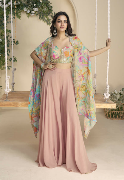 Anaita Pink Chinon Free Size Readymade Shrug Suit with Embroidery Sequence Work (Free Size)