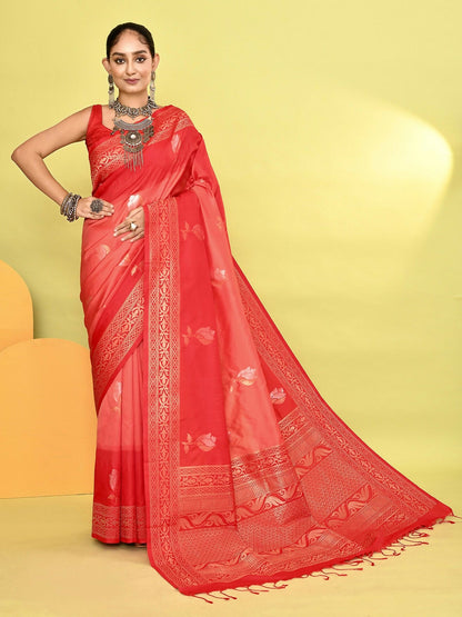 Joban Fashion Peach & Red Plain With Weaving Border Banarasi Silk Sarees