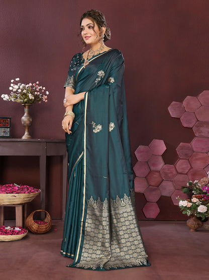 Joban Fashion Teal Floral Banarasi Silk Sarees