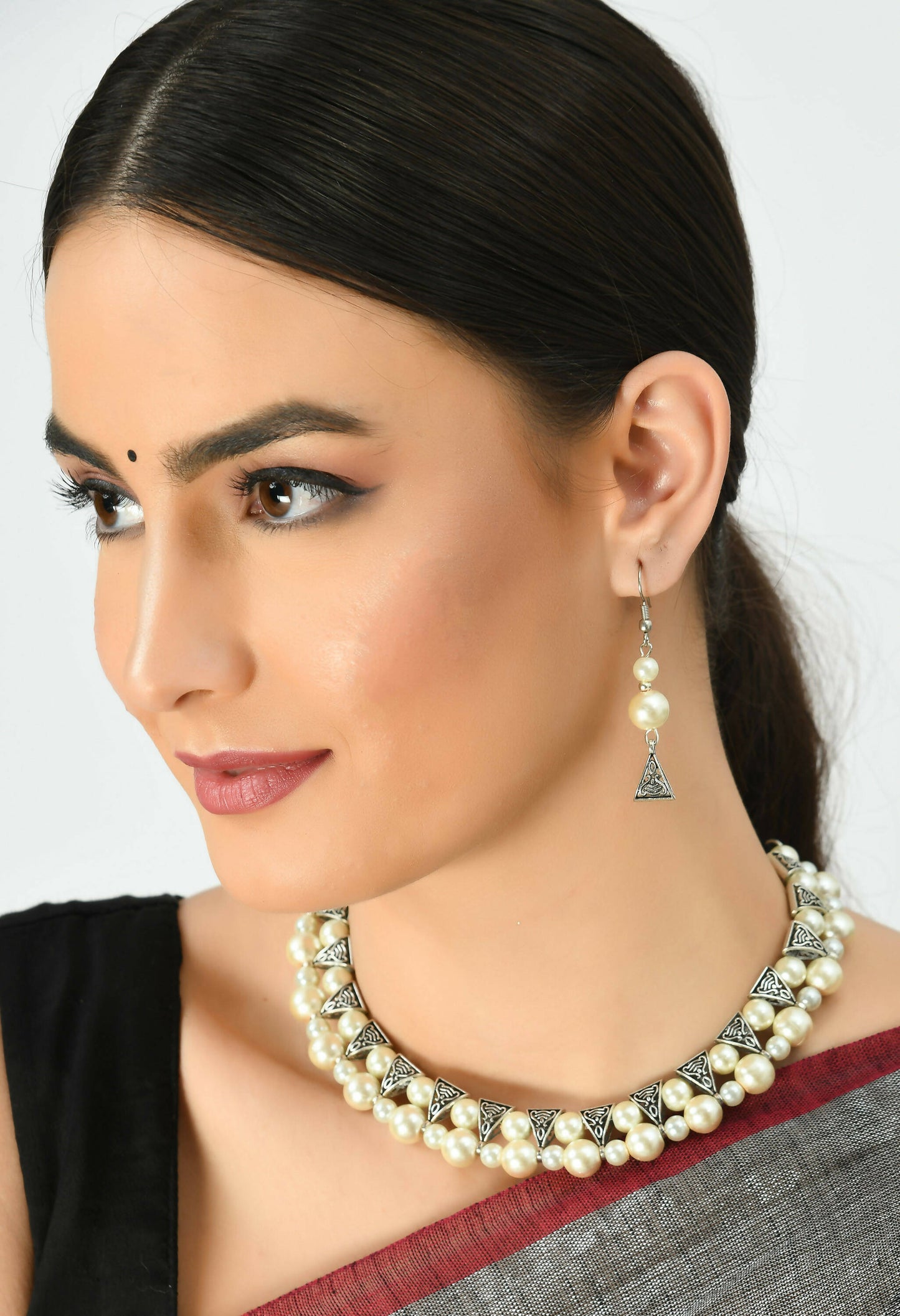 Mominos Fashion Johar Kamal Silver-Plated Brass Finish Pearls Work Choker For Women (White)