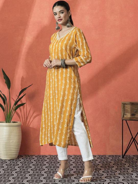 Sangria Floral Printed V-Neck Mirror Work Straight Kurta