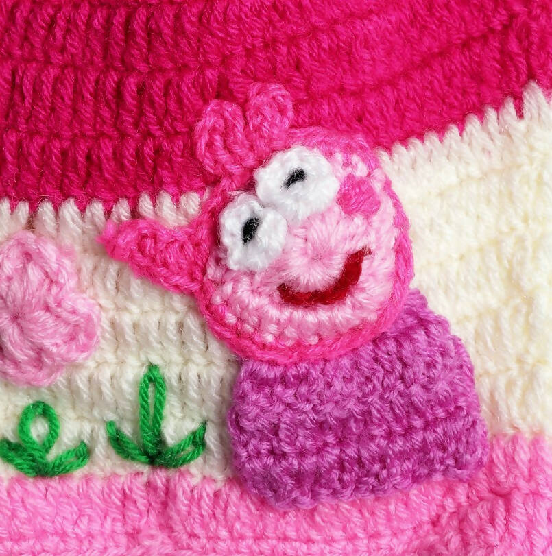 Chutput Kids Woollen Hand Knitted Flower And Animal Detailed Cap - Pink
