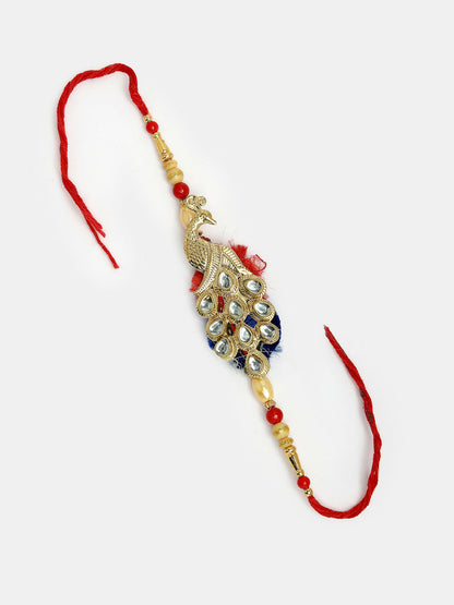 NVR Women & Men Set of 2 Gold-Toned Peacock Design Stone-Studded Bhaiya Bhabhi Rakhi With Roli Chawal