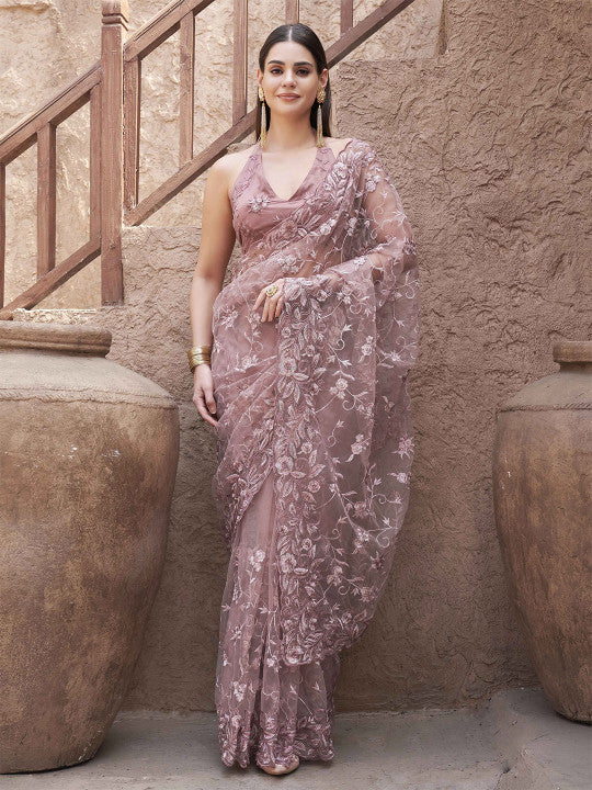 Tikhi Imli Floral Embroidered Net Saree With Scalloped Border