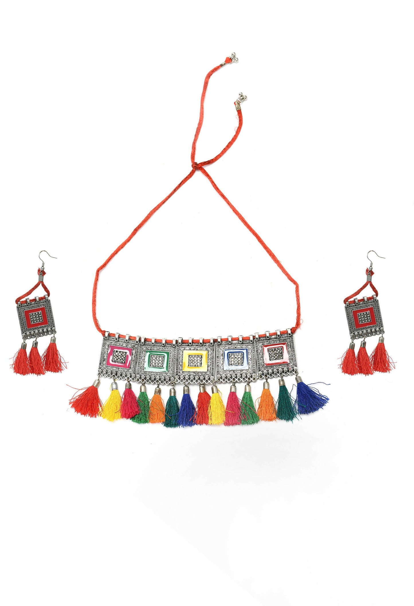 Mominos Fashion Johar Kamal Oxidised Silver-Plated Brass Finish Tassel Work Handicraft Choker For Women (Multi)