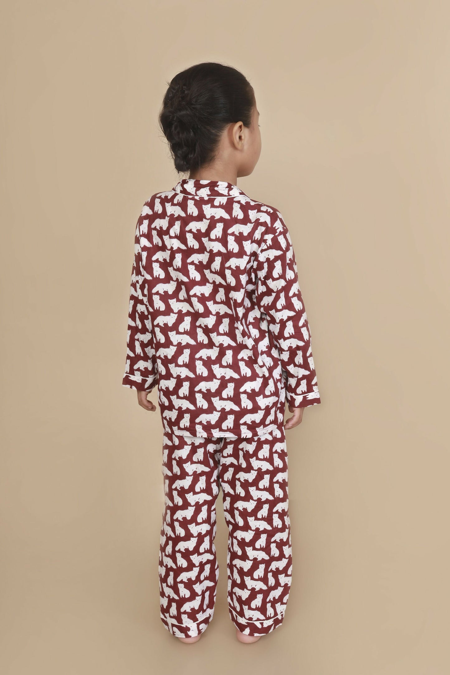 Breathables Kids Cotton Night Suit – Maroon Cat Print Shirt & Pyjama Co-Ord Set For Boys & Girls