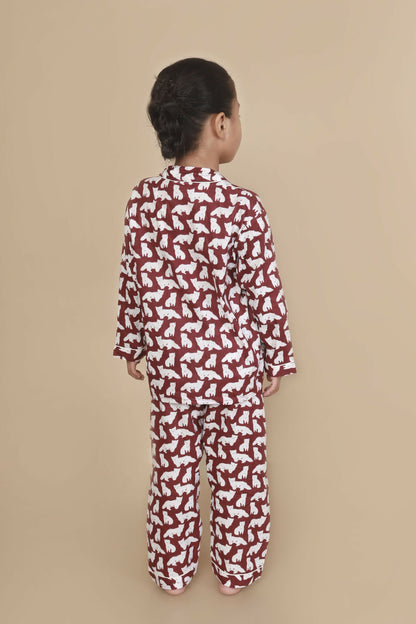 Breathables Kids Cotton Night Suit – Maroon Cat Print Shirt & Pyjama Co-Ord Set For Boys & Girls