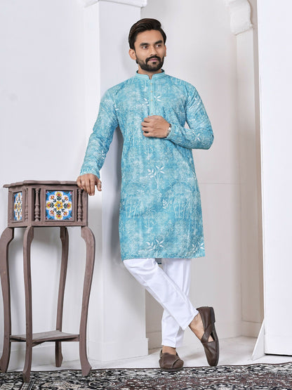 Anaita Sky Blue Digital Printed Work Cotton Straight Kurta