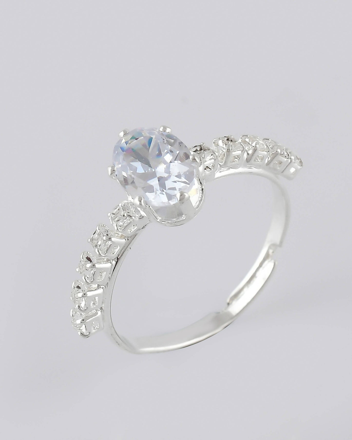 VOJ white CZ-detail Stainless Steel Cubic Zirconia Silver Plated Adjustable Finger Ring
