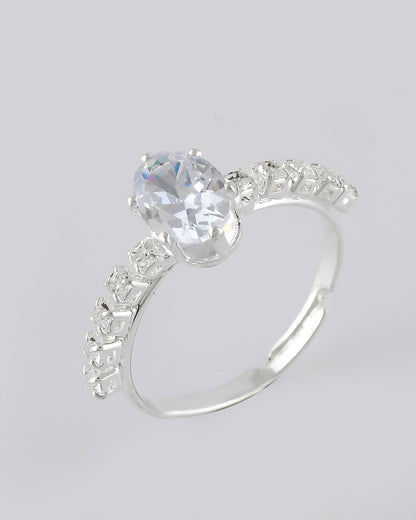 VOJ white CZ-detail Stainless Steel Cubic Zirconia Silver Plated Adjustable Finger Ring