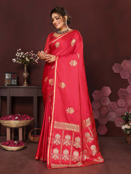 Joban Fashion Reddish-Pink Floral Motifs Banarasi Silk Sarees