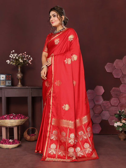 Joban Fashion Red Floral Motifs Banarasi Silk Sarees