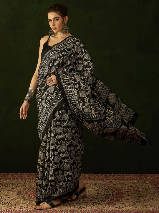 Sangria Warli Printed Dabu Saree With Blouse Piece