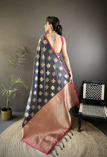 Joban Fashion Grey Elephant Motif Soft Silk Banarasi silk Saree