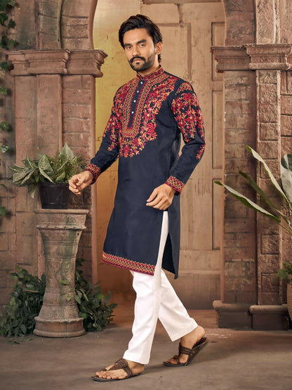 Anaita Blue Multi Thread Work Silk Straight Kurta