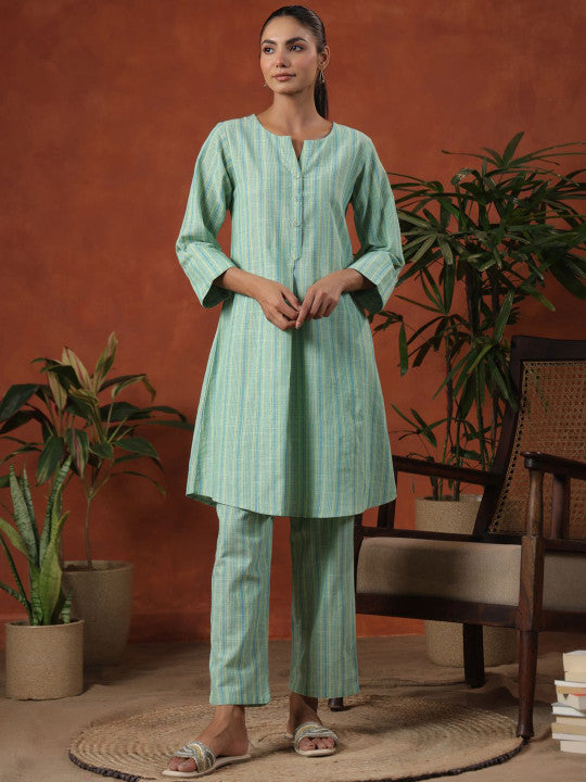 Anayna Women Striped Pure Cotton Kurta with Trousers
