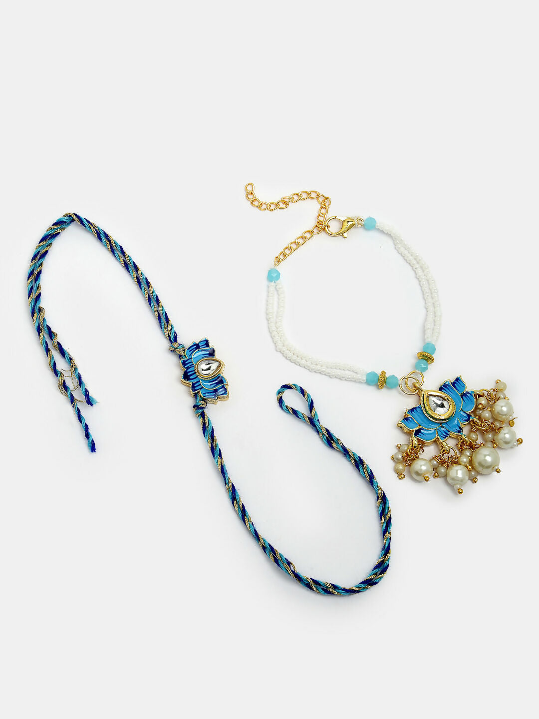 NVR Women & Men Set of 2 Blue Lotus Shape Kundan-Studded & Beaded Handcrafted Wraparound Rakhi Set With Roli Chawal