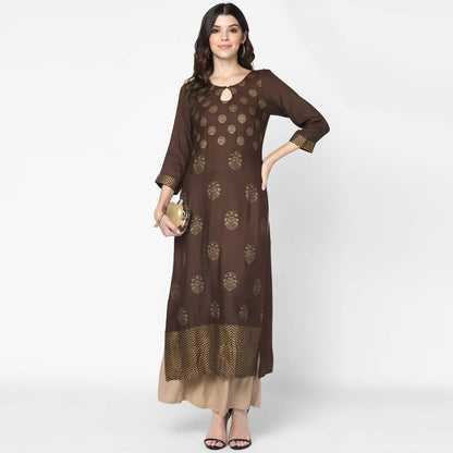 Indian Clothing Cheera Hand Block Print Brown A Line Kurta (MAAI-055K)