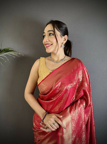 Joban Fashion Red Paisley & Floral Soft Satin Silk Banarasi Silk Saree