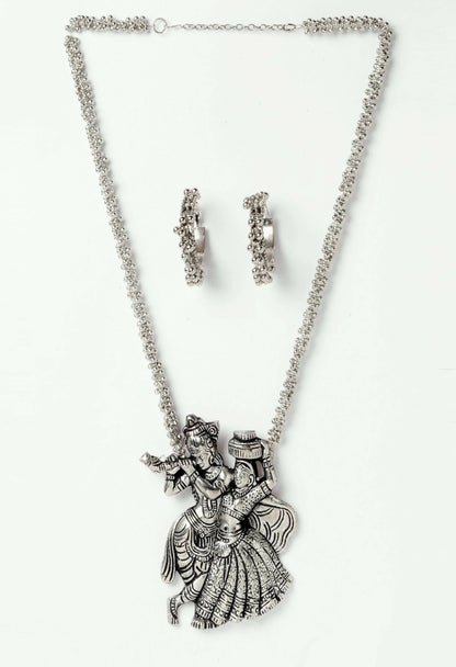 Mominos Fashion Johar Kamal Silver-Plated Brass Finish Radha Kishan Long Neckalce Combo Set For Women