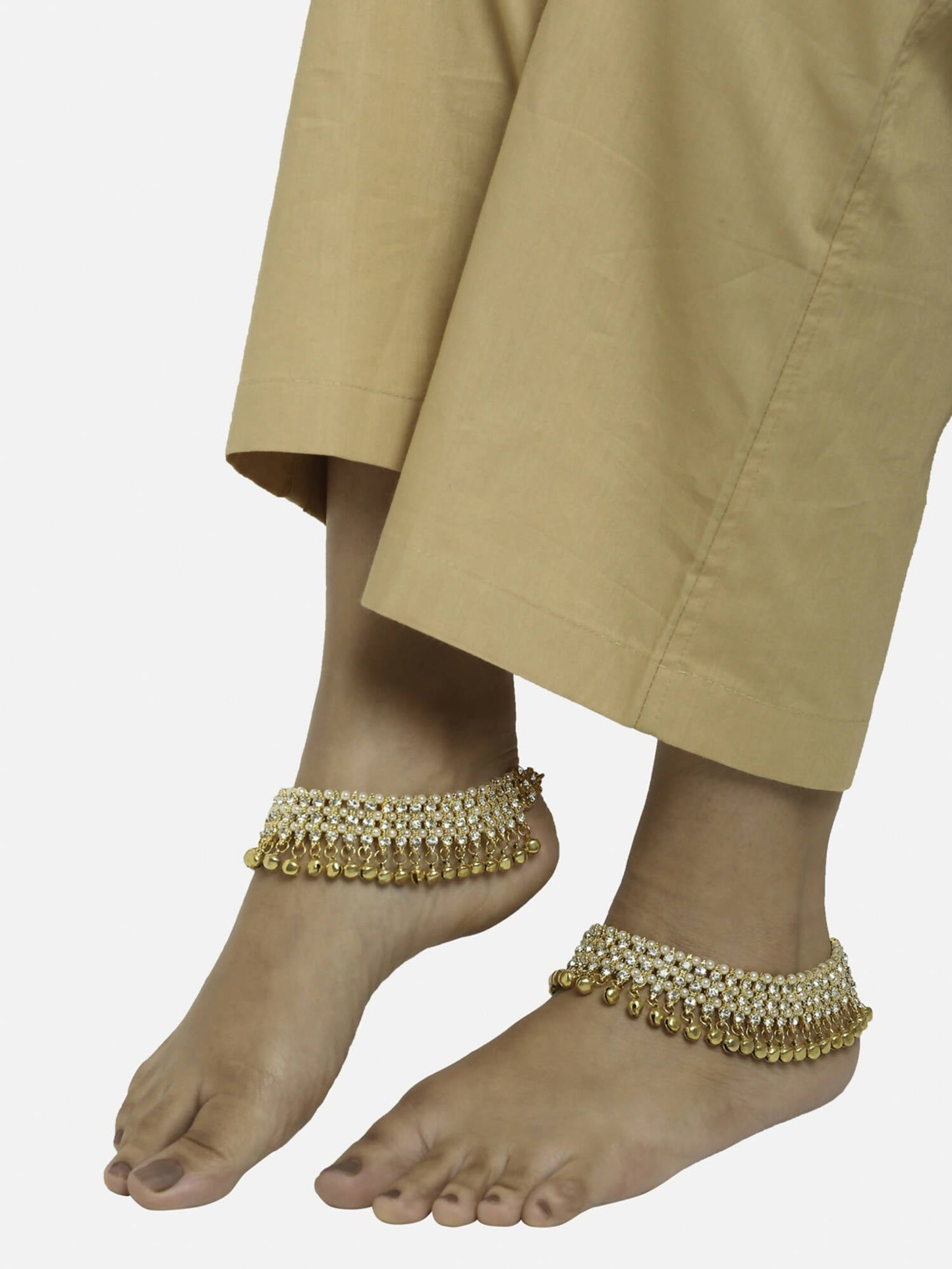 Women's Gold White Ghungroo Anklets - Ruby Raang