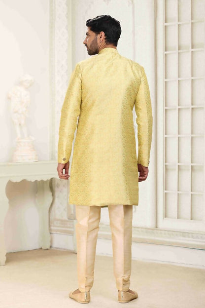Raivat Ethnic Banarasi Jacquard Embroidery Semi Indo Western Sherwani In Cream Gold Colour