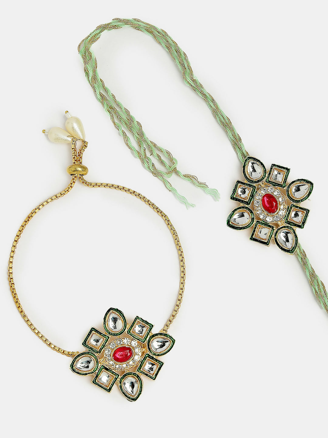NVR Women & Men Set of 2 Gold Kundan-Studded Handcrafted Wraparound Rakhi Set With Roli Chawal